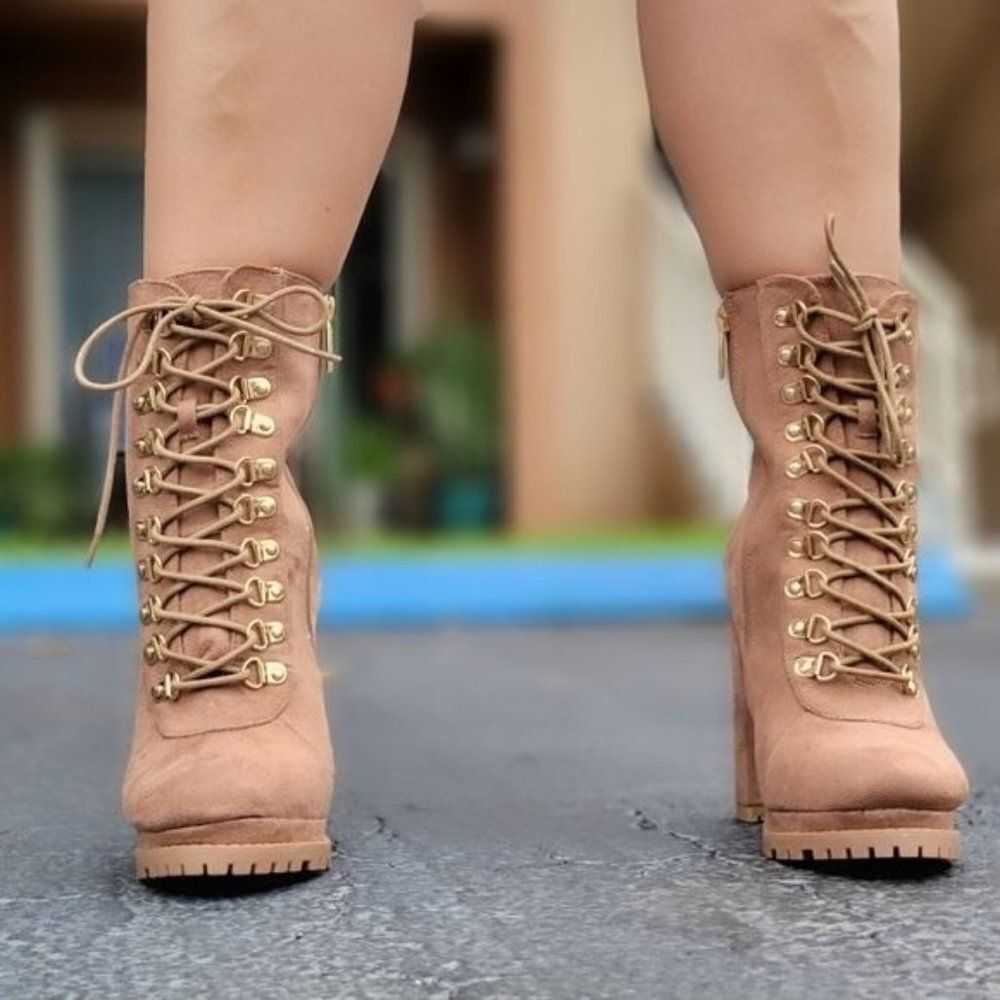 Taupe Lace up Platform Lug Sole Heeled Boots - Picture 2 of 6